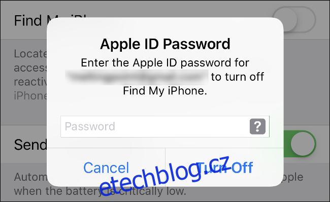 Pro vypnutí zadejte své heslo Apple ID 