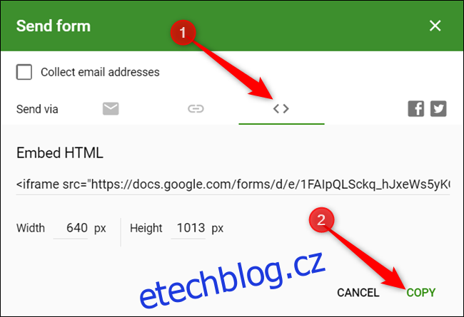 Klikněte na lomené závorky (< >) a poté klikněte na „Kopírovat.“‘ width=”650″ height=”445″ onload=”pagespeed.lazyLoadImages.loadIfVisibleAndMaybeBeacon(this);” onerror=”this.onerror=null;pagespeed.lazyLoadImages.loadIfVisibleAndMaybeBeacon(this);”></p>
<p>Pokud potřebujete změnit rozměry formuláře a způsob zobrazení na vašem webu, změňte šířku a výšku pod kódem HTML, než kliknete na „Kopírovat.“</p>
<p><img loading=