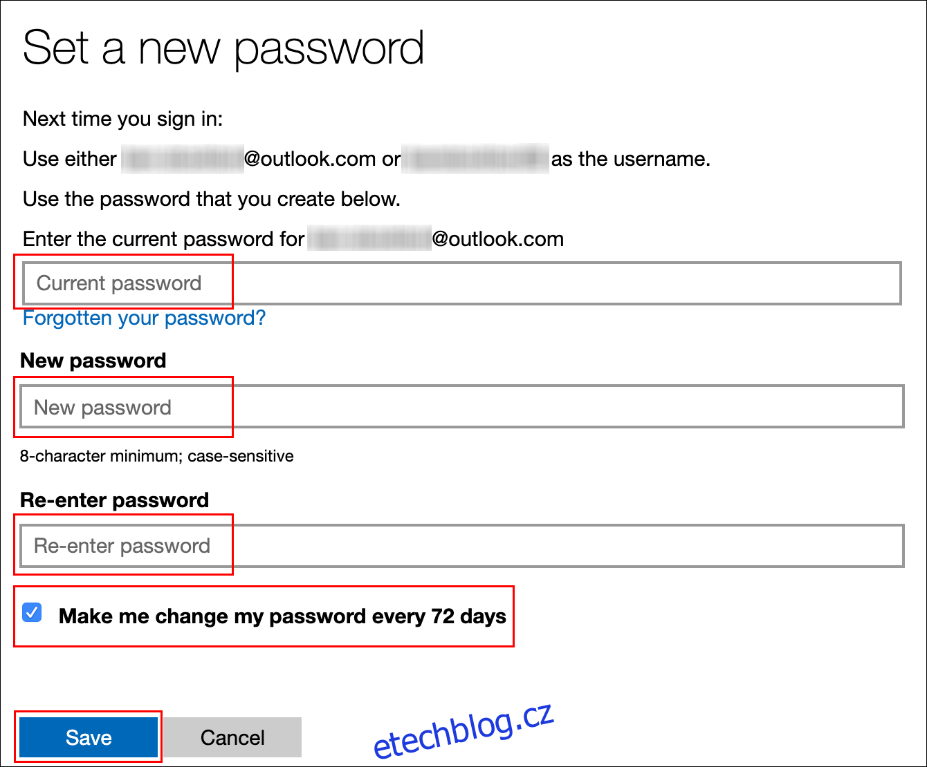 Zadejte své aktuální heslo, zadejte nové heslo a zaškrtněte políčko vedle 