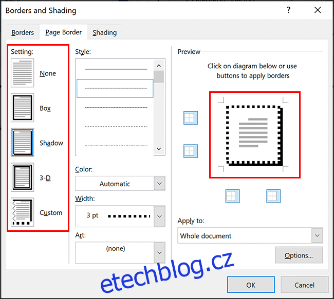Vyberte styl ohraničení aplikace Word kliknutím na jednu z možností v 