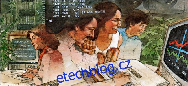 Ilustrace lidí používajících počítače Apple II z 