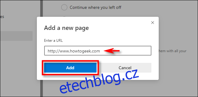 V nastavení Edge zadejte adresu webu a klikněte 