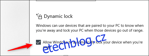 Vyberte možnost „Povolit systému Windows automaticky uzamknout vaše zařízení, když jste pryč 