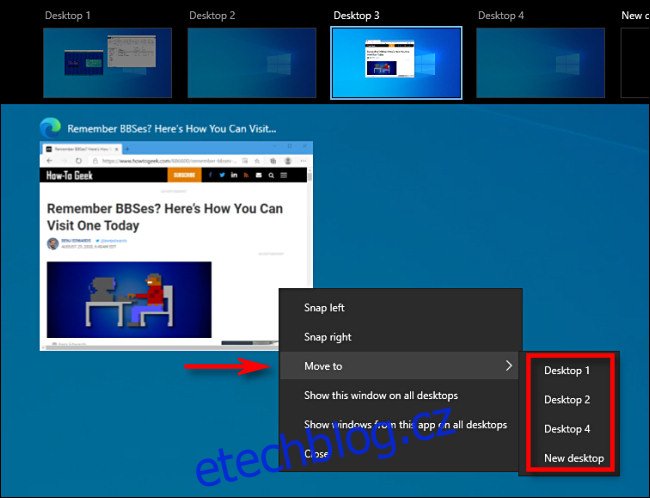 V zobrazení úloh ve Windows 10 klikněte pravým tlačítkem na miniaturu okna a vyberte 