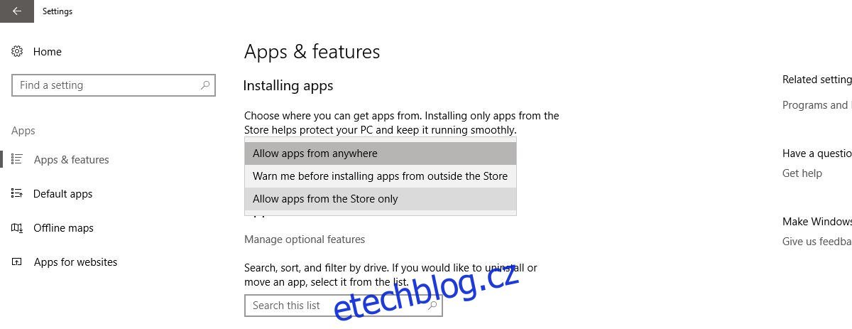 Jak blokovat aplikace mimo Windows Store ve Windows 10