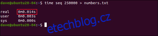 time seq 250000 > numbers.txt v okně terminálu.“  width=”646″ height=”147″ onload=”pagespeed.lazyLoadImages.loadIfVisibleAndMaybeBeacon(this);”  onerror=”this.onerror=null;pagespeed.lazyLoadImages.loadIfVisibleAndMaybeBeacon(this);”></p>
<p>Čas potřebný k dokončení seznamu a vytvoření souboru je nyní asi 1/7 sekundy.< /p> </p>
<h2 role=