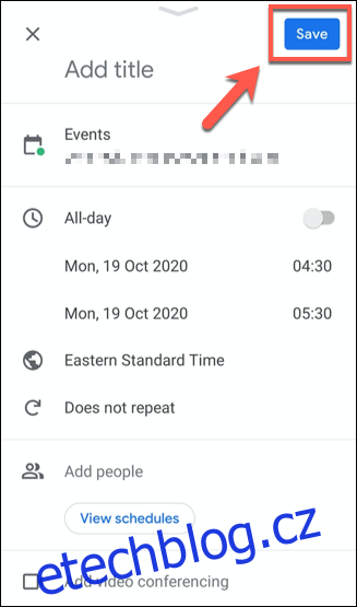 Uložte událost Kalendáře Google klepnutím na 