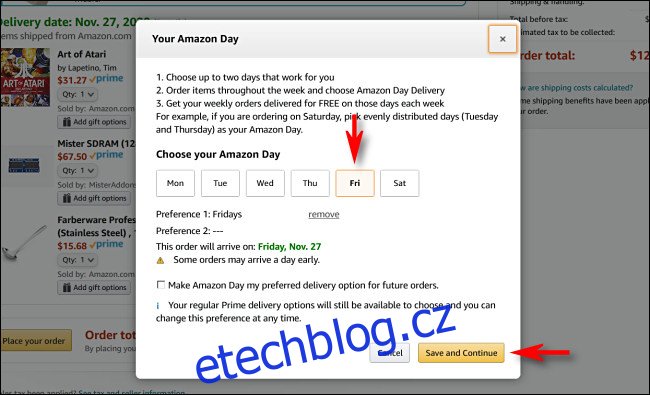 Vyberte jeden nebo dva dny doručení na Amazon Day a poté klikněte nebo klepněte 