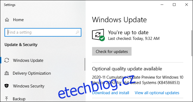Windows Update zobrazuje 