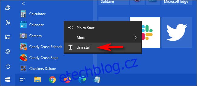 V nabídce Start systému Windows 10 klikněte pravým tlačítkem na aplikaci a vyberte 