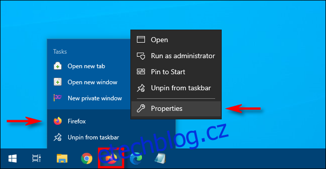 Ve Windows 10 klikněte pravým tlačítkem na ikonu na hlavním panelu, poté klikněte pravým tlačítkem na zástupce a vyberte 