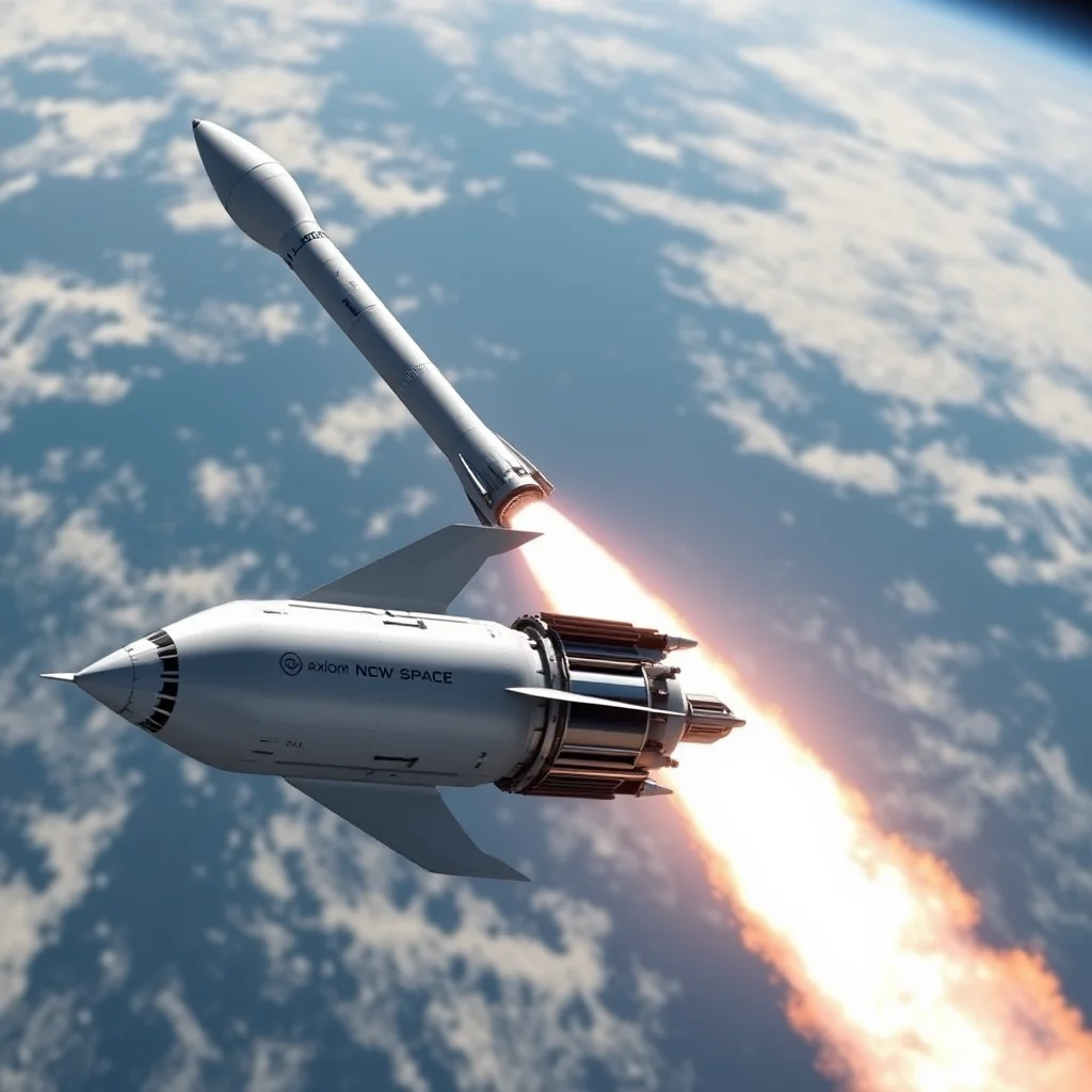 Raketa Axiom New Space odlétající z vesmírné lodi na oběžné dráze Země.