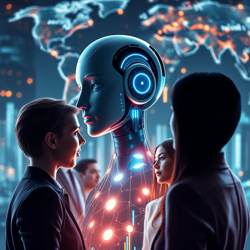 Lidská tvář se dívá do tváře robota, zatímco za nimi je vidět světová mapa s osvětlenými městy.