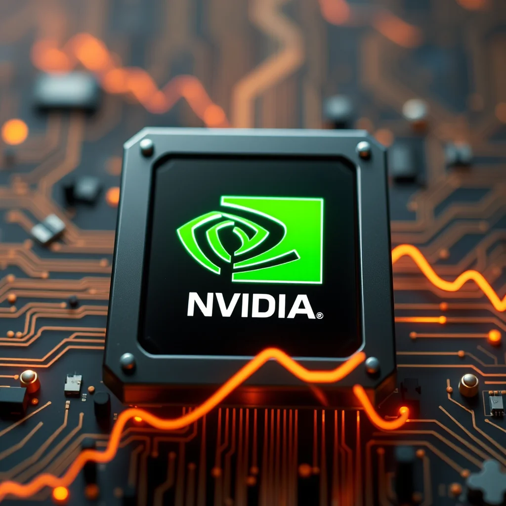 Logo NVIDIA na procesorze z widokiem na obwód elektryczny