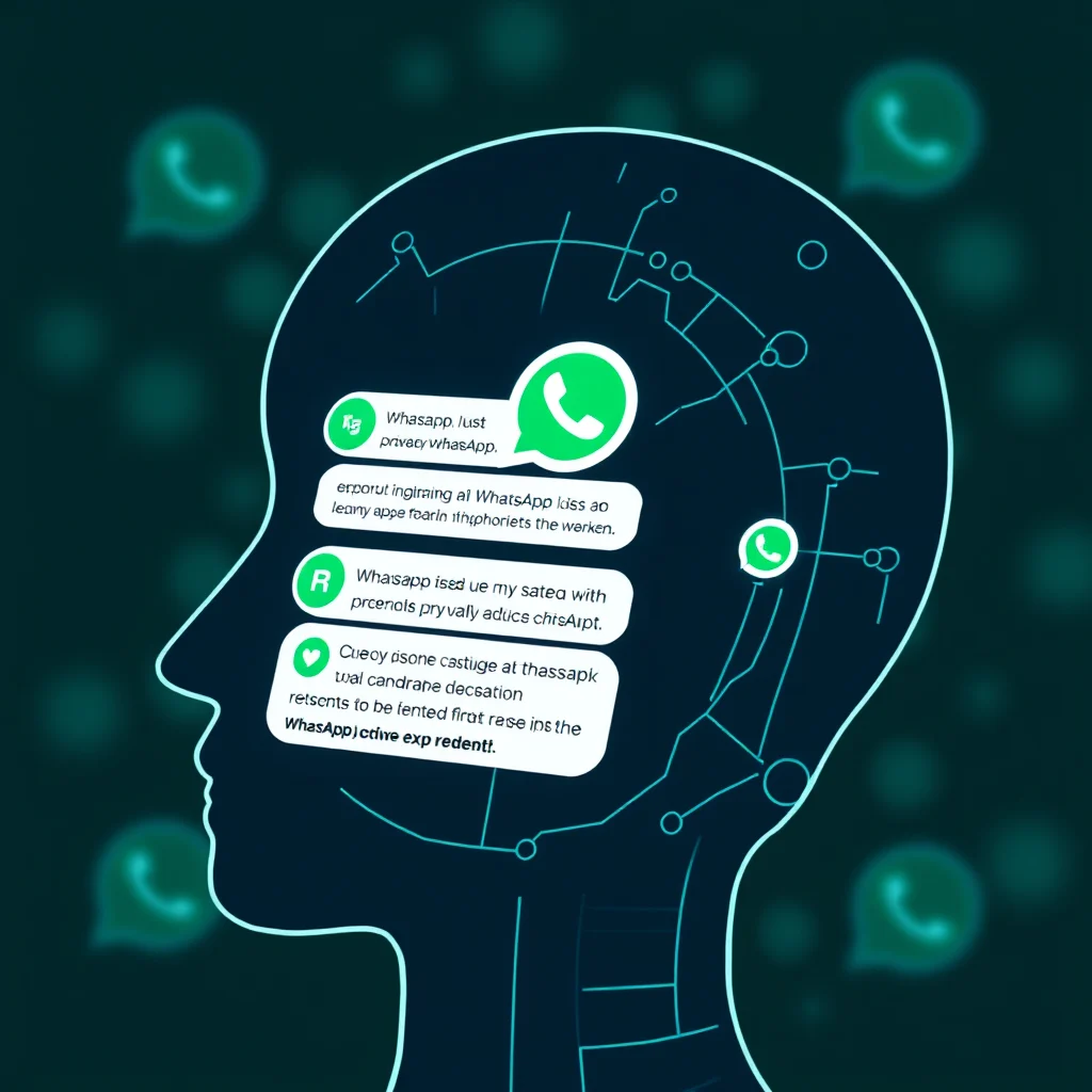 Silueta hlavy v profilu s digitální sítí uvnitř, zobrazující bubliny se zprávami a zelené logo WhatsApp.