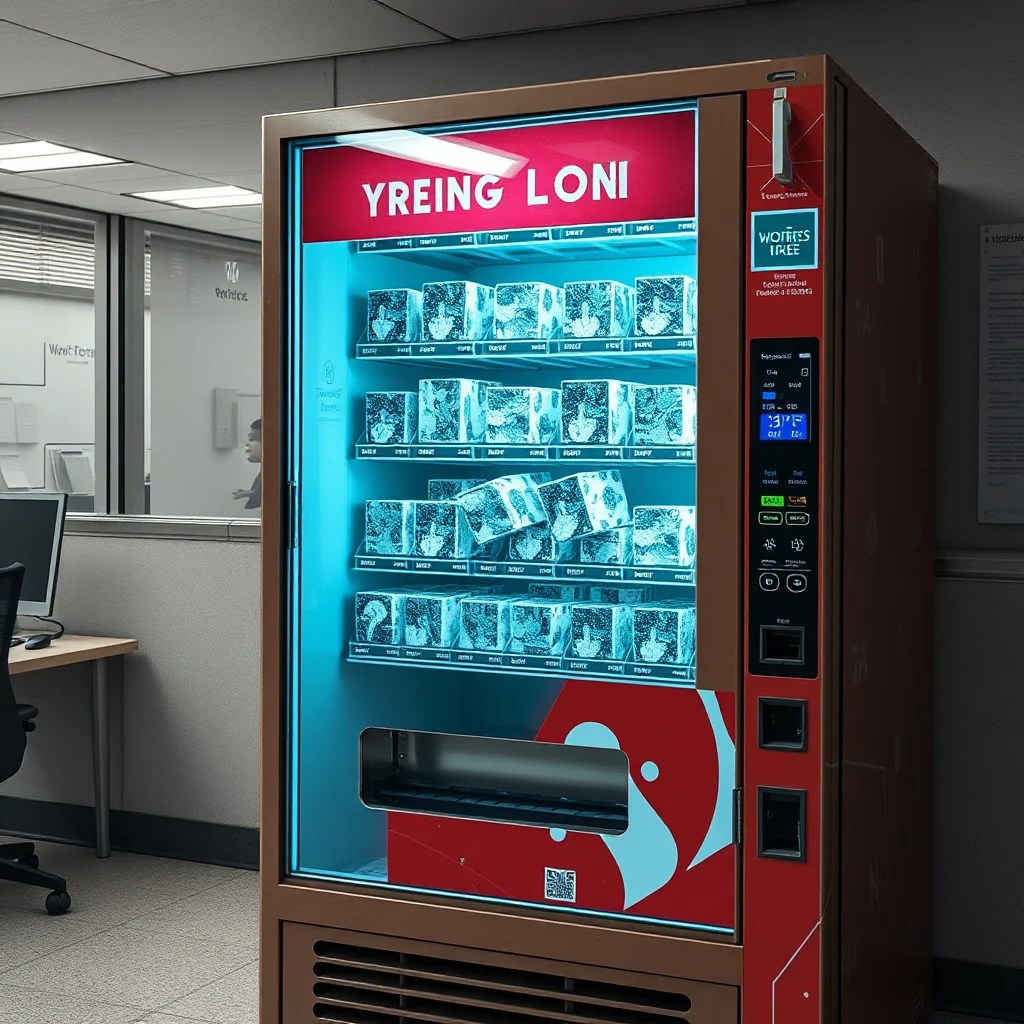 Vendingový automat s osvětlením a nabídkou mražených výrobků.