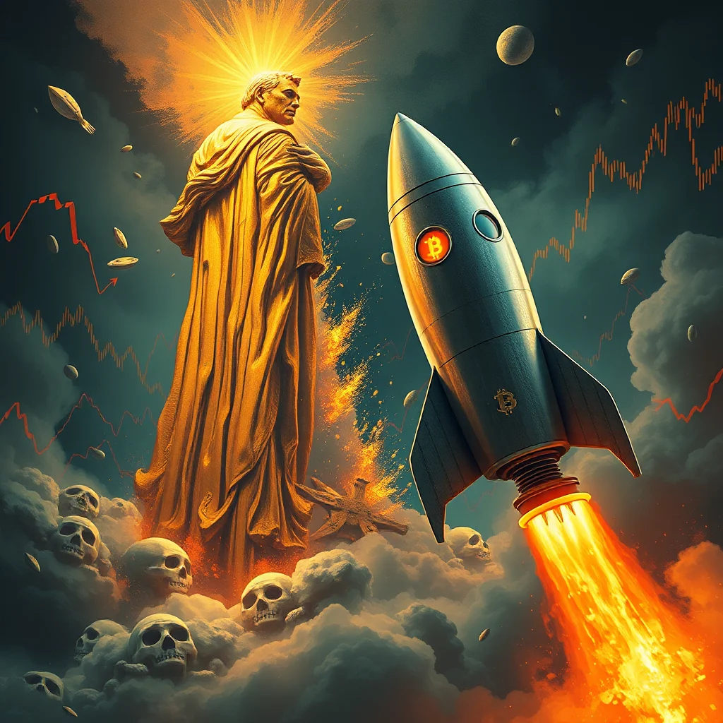 Zlatá socha postavená na mracích, obklopená lebkami a finančními grafy. Vedle sochy letí raketa s logem Bitcoinu a hořícím ocasem.