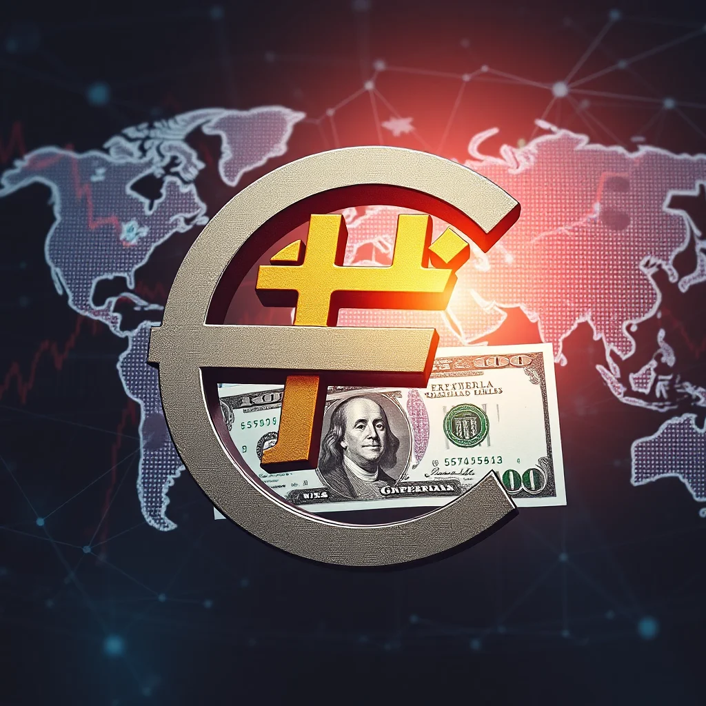 Euro symbol s americkým dolarem a světovou mapou v pozadí.