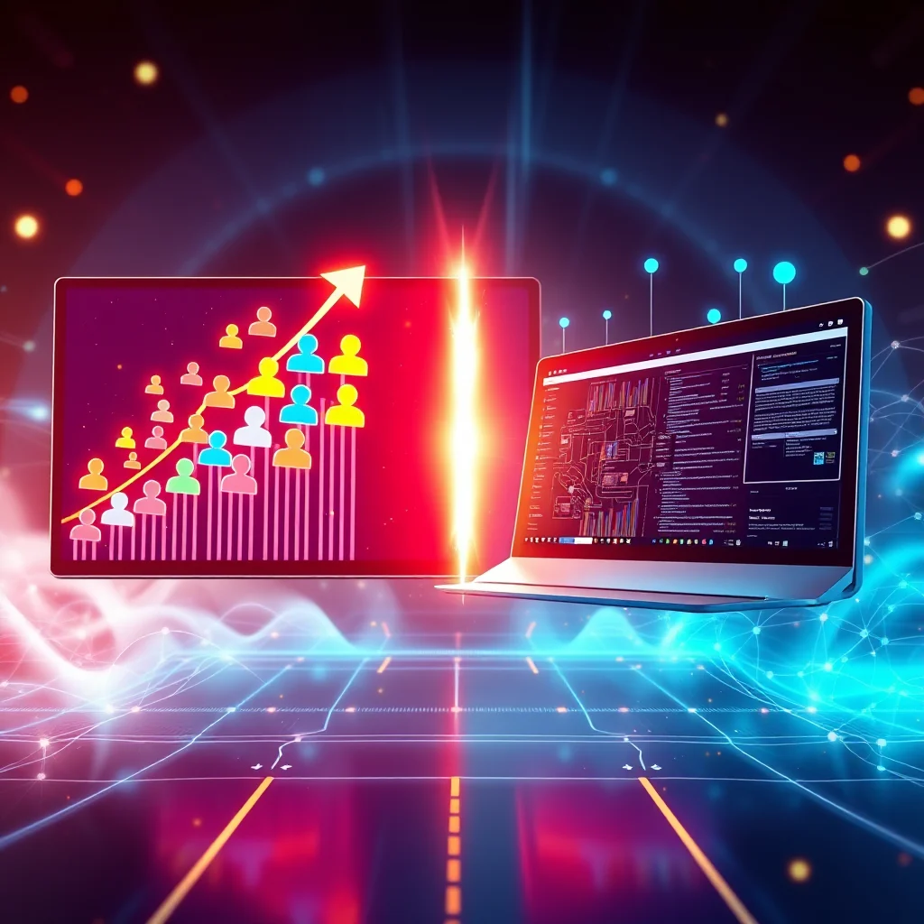 Ilustrace zobrazuje digitální graf růstu s ikonami lidí, které stoupají po sloupcovém grafu, a otevřený notebook zobrazující komplexní kódování a data, obklopený zářivým digitálním pozadím s modrými a červenými světly a světelnými linkami.