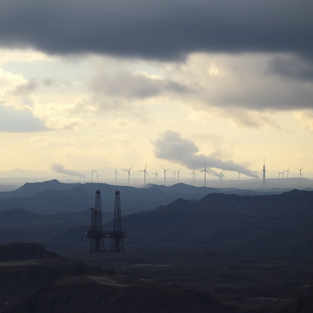 Krajina s větrnými turbínami a ropnou plošinou za soumraku.