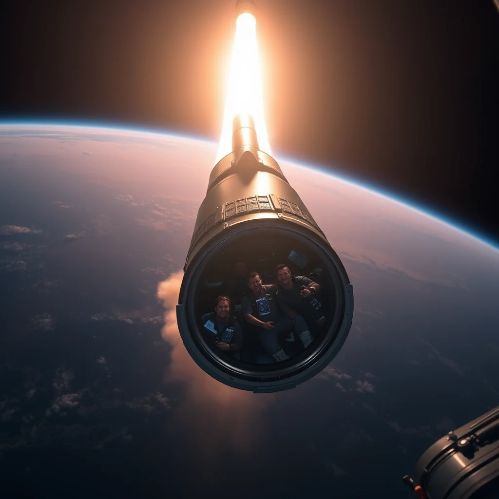 Šest mužů ve skafandrech sedí uvnitř okna rakety při startu s pohledem na Zemi pod sebou.