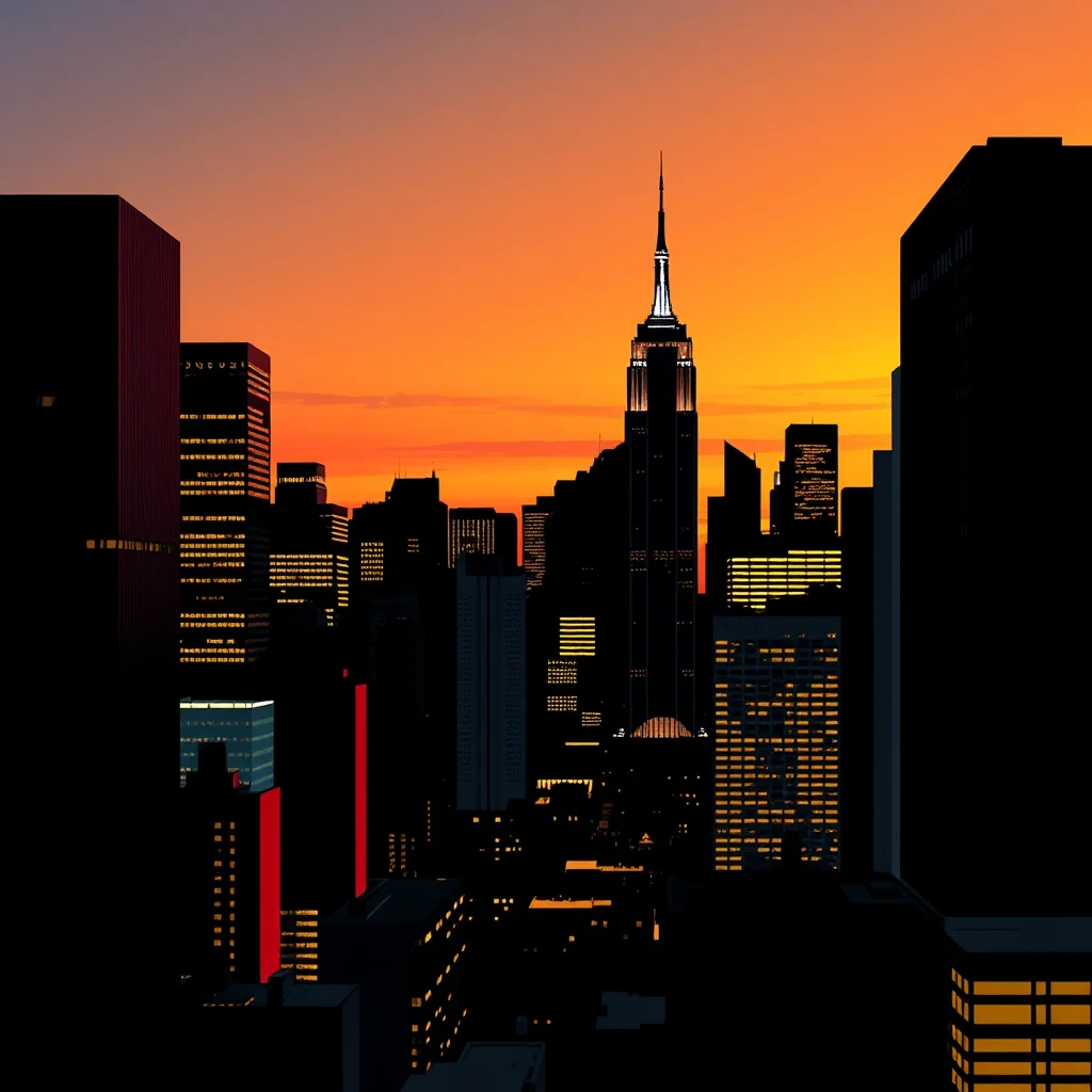 Silueta mrakodrapů v New Yorku při západu slunce, s Empire State Building v centru.