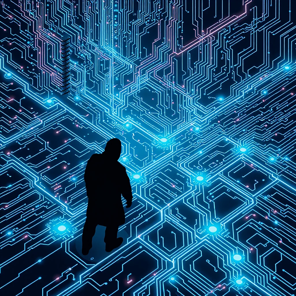 Muž ve stínu stojí na digitálním obvodu s mnoha zářivými modrými a růžovými světly.