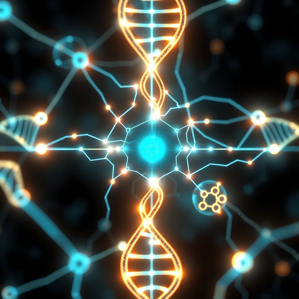 Umělecká vizualizace s digitálním DNA a synapsí neuronů.