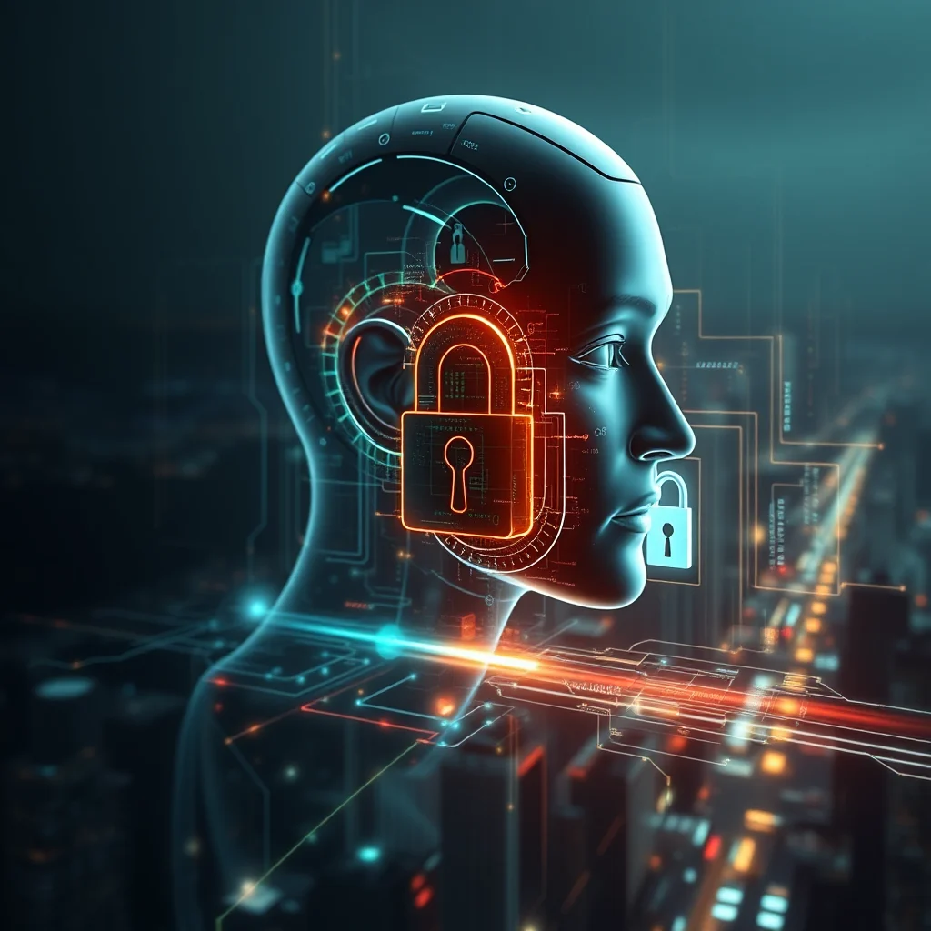 3D render hlavy robota s digitálním rozhraním, které obsahuje oranžový zámek přes ucho a modrý zámek přes ústa, s obrysy obvodu hlavy a digitálními obvody vpředu a vzadu, na pozadí nočního města.