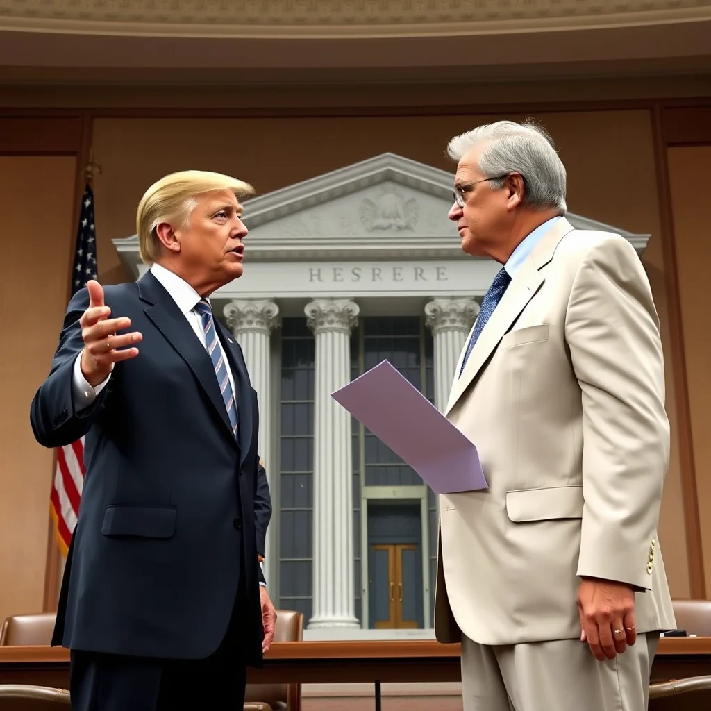 Donald Trump gestikuluje, rozmawiając z innym mężczyzną w białym garniturze trzymającym fioletowy folder przed fasadą budynku z greckimi kolumnami i napisem „HESRERE”.