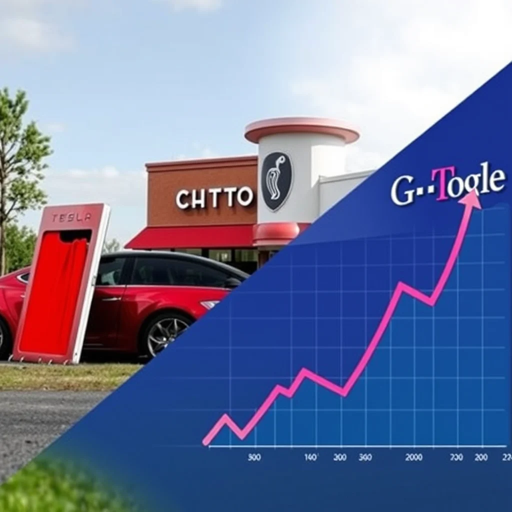 Teslové auto nabíjející se u restaurace Chipotle s grafem ukazujícím vzestupný trend a textem "G..Togle".
