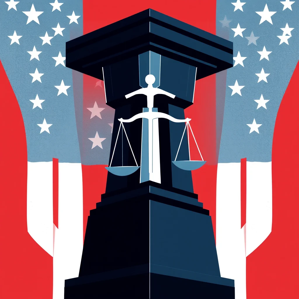 Symbol spravedlnosti v podobě váh s lidskou postavou na pozadí americké vlajky.