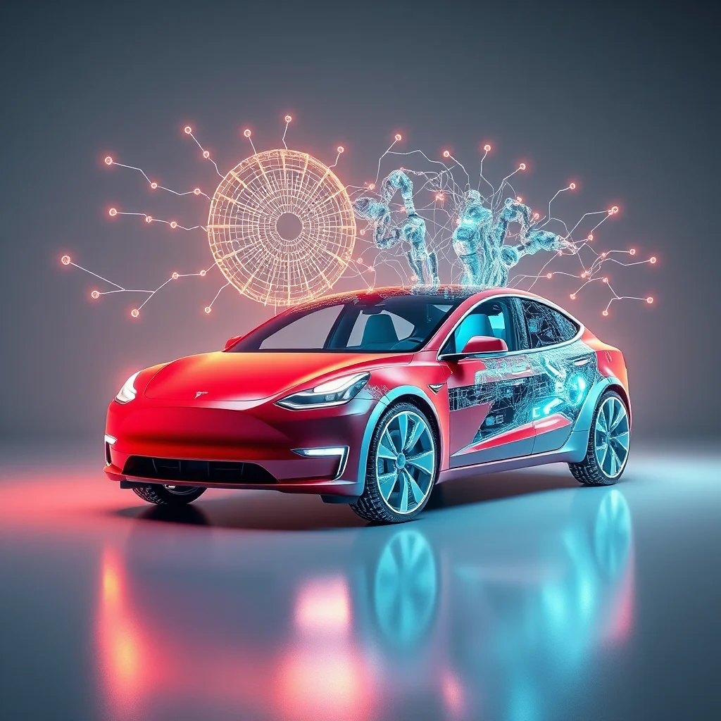 Červené elektrické auto s futuristickou sítí, která se vznáší nad ním a zevnitř vozu vychází holografická data.