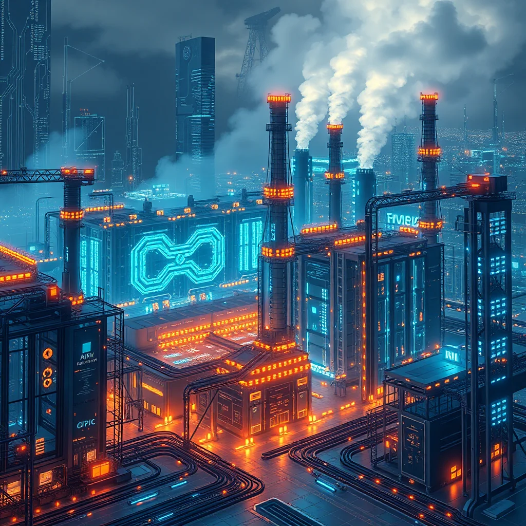 Futuristický průmyslový komplex s osvětlenými budovami a kouřícími komíny v noci.