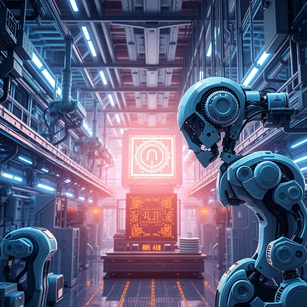 Robotický průmyslový závod s robotem v popředí a velkou obrazovkou zobrazující data.