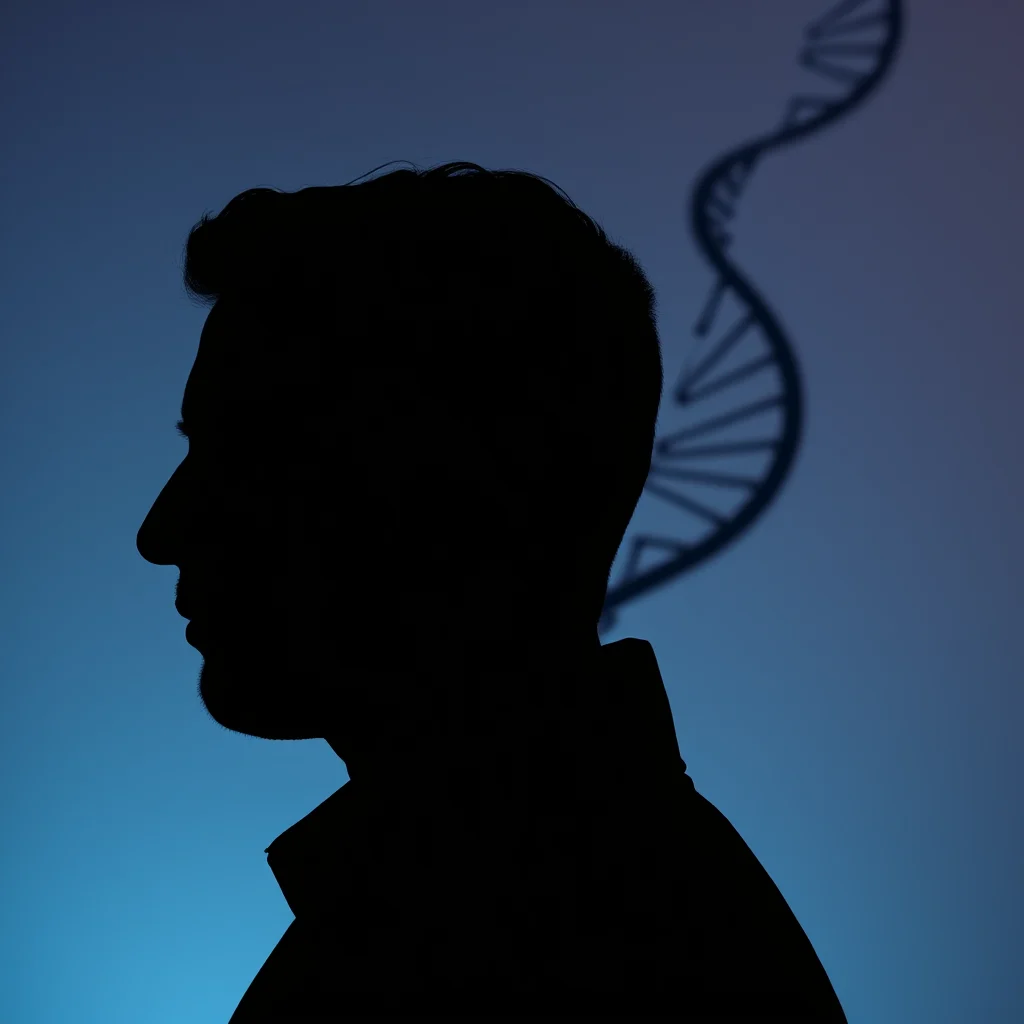 Silueta muže z profilu s DNA helixem v pozadí.