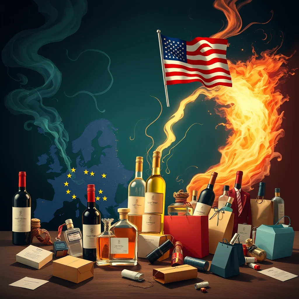 Na drewnianym stole leży wybór butelek wina, perfum i prezentów. W tle widoczna jest mapa Europy z nałożoną na nią flagą Unii Europejskiej, a po prawej stronie znajduje się amerykańska flaga powiewająca na tle płonącego ognia.