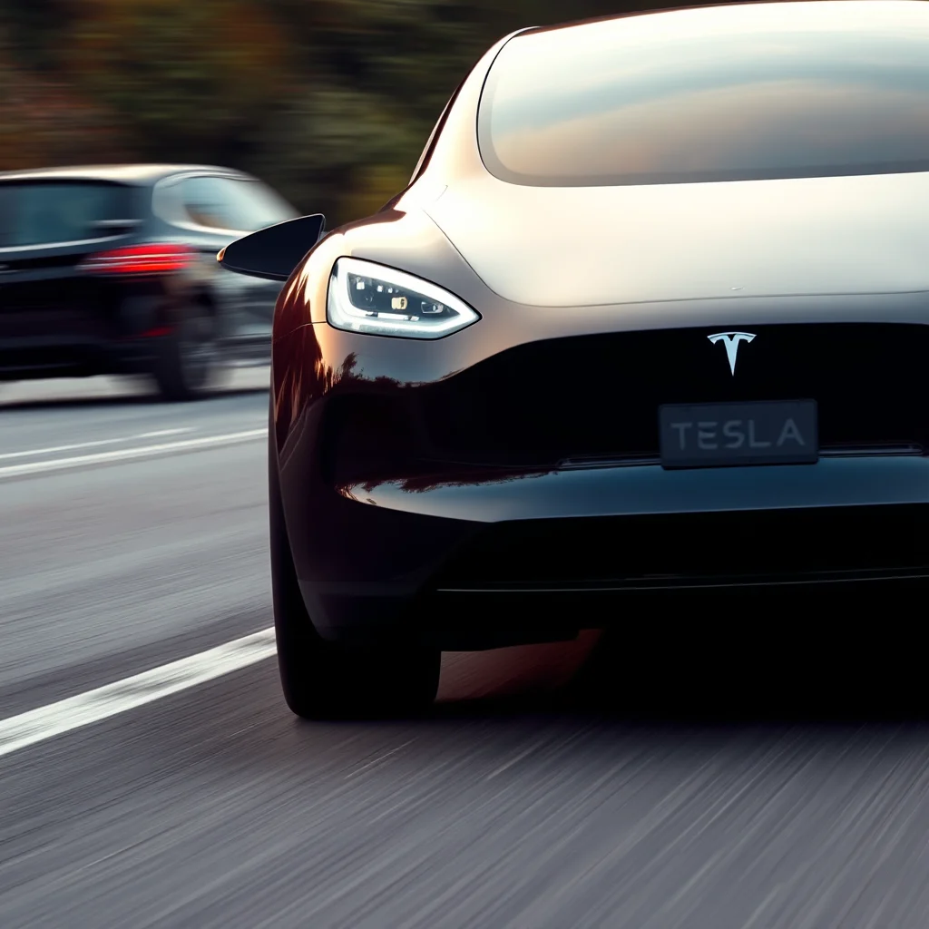 Zupełnie nowy, ciemnobordowy samochód elektryczny Tesla z włączonymi światłami z przodu, jadący po drodze, z innym samochodem na rozmytym tle.