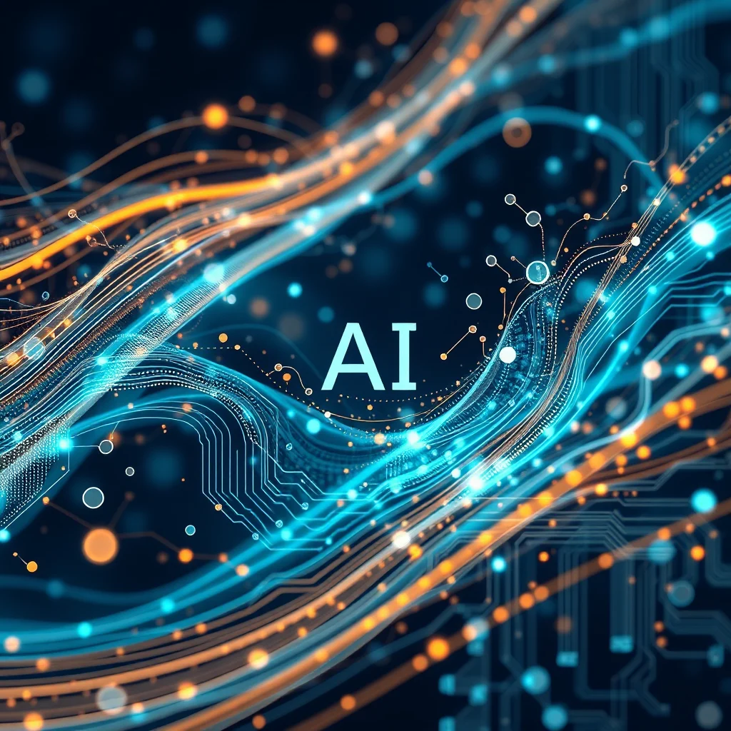 Ilustrace umělé inteligence s textem "AI", zobrazující světelné linie a obvody.