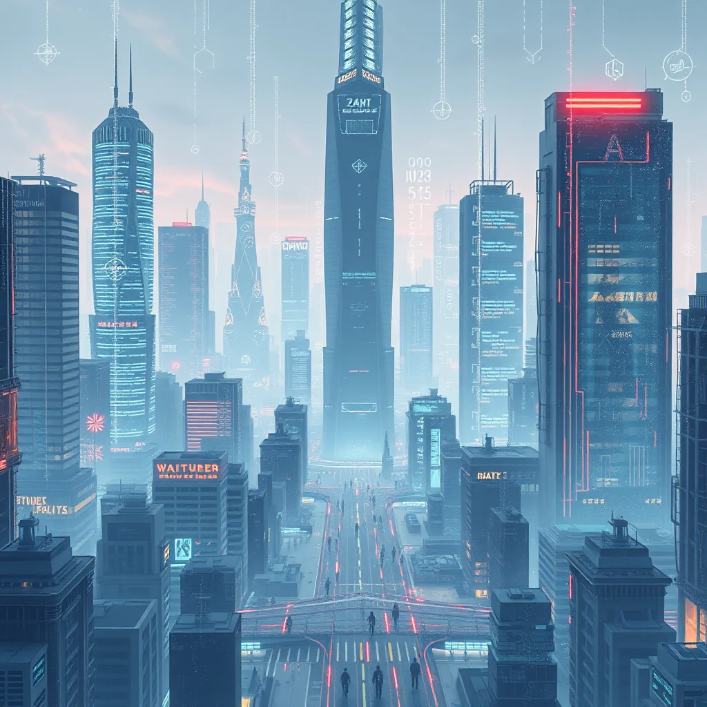 Futuristické město s vysokými budovami a létajícími technologiemi.