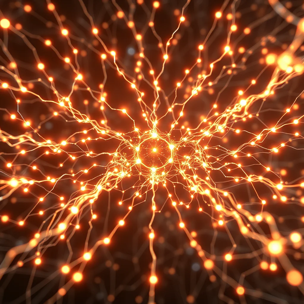 Ilustrace neuronové sítě s jasně zářícími oranžovými světelnými body spojenými světelnými vlákny.