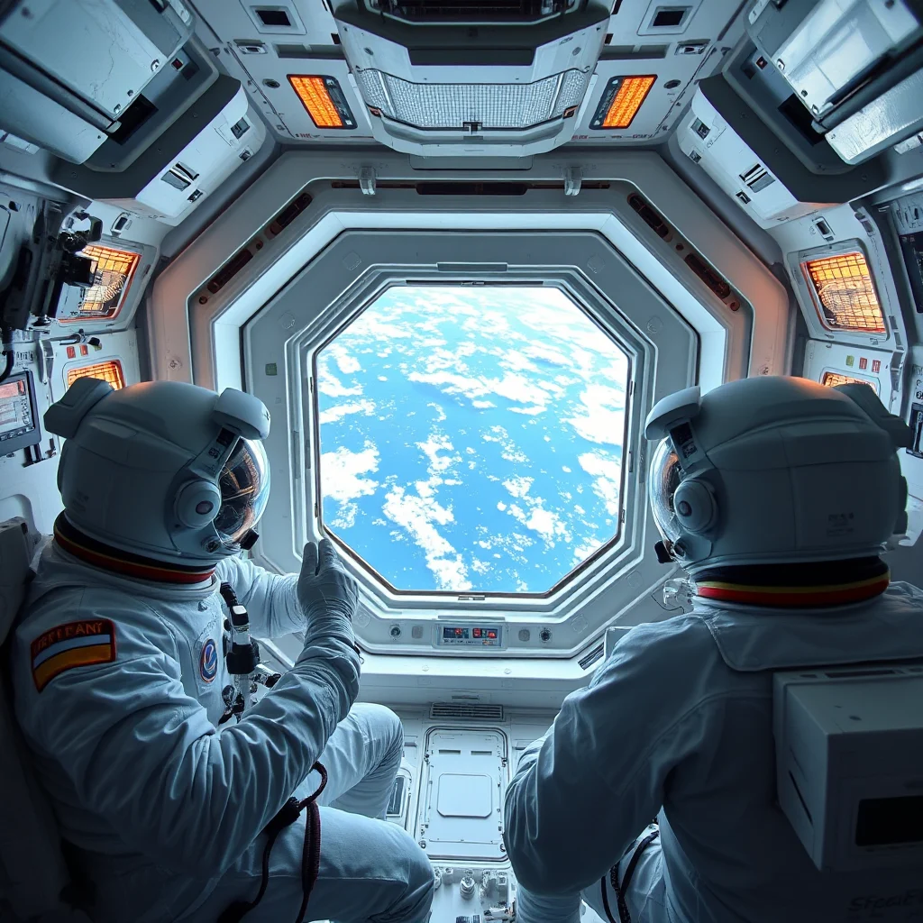 Dva astronauté v přední části kosmické lodi hledí z velkého osmibokého okna na Zemi.