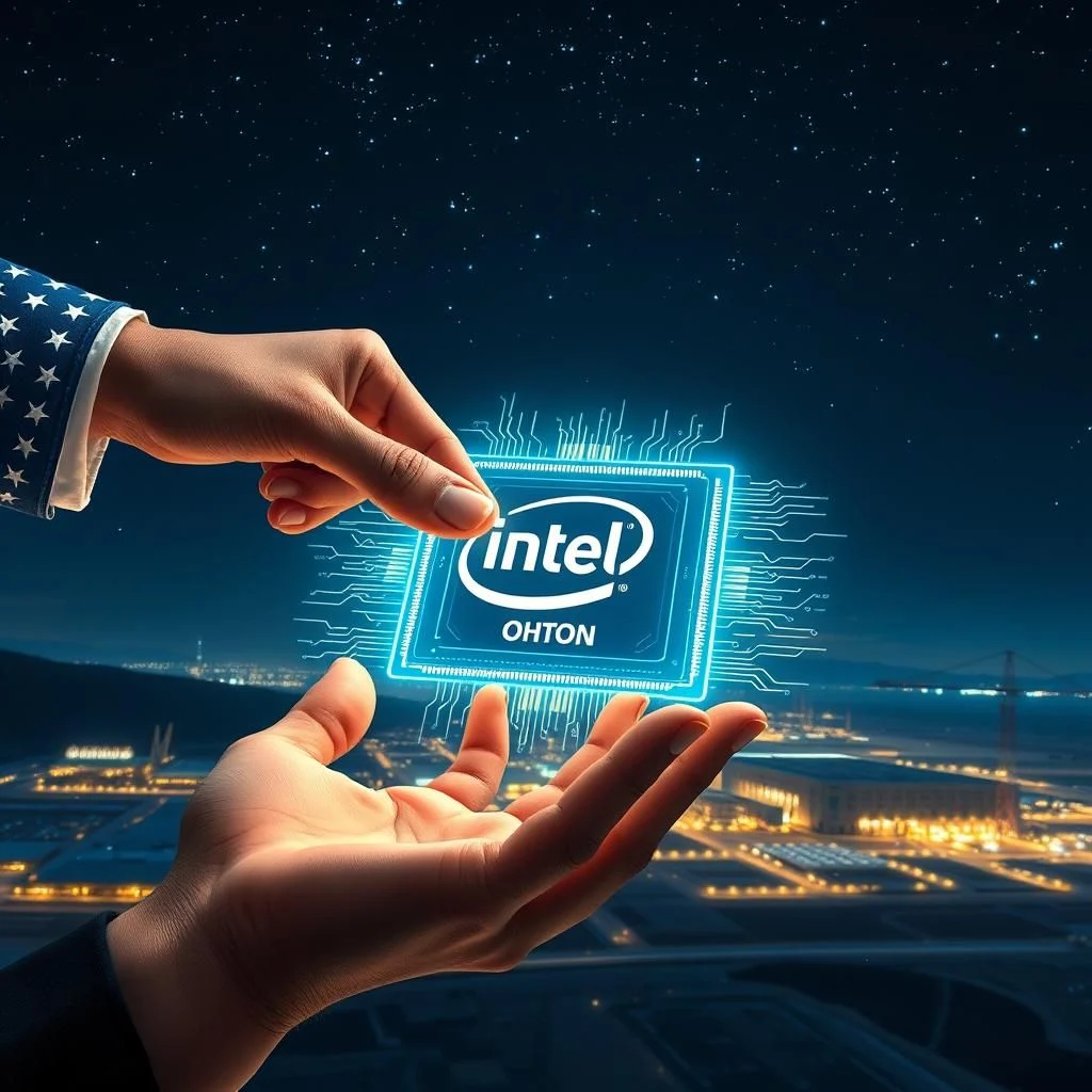 Dvě ruce drží nad rozsvíceným městem svítící čip s logem Intel.