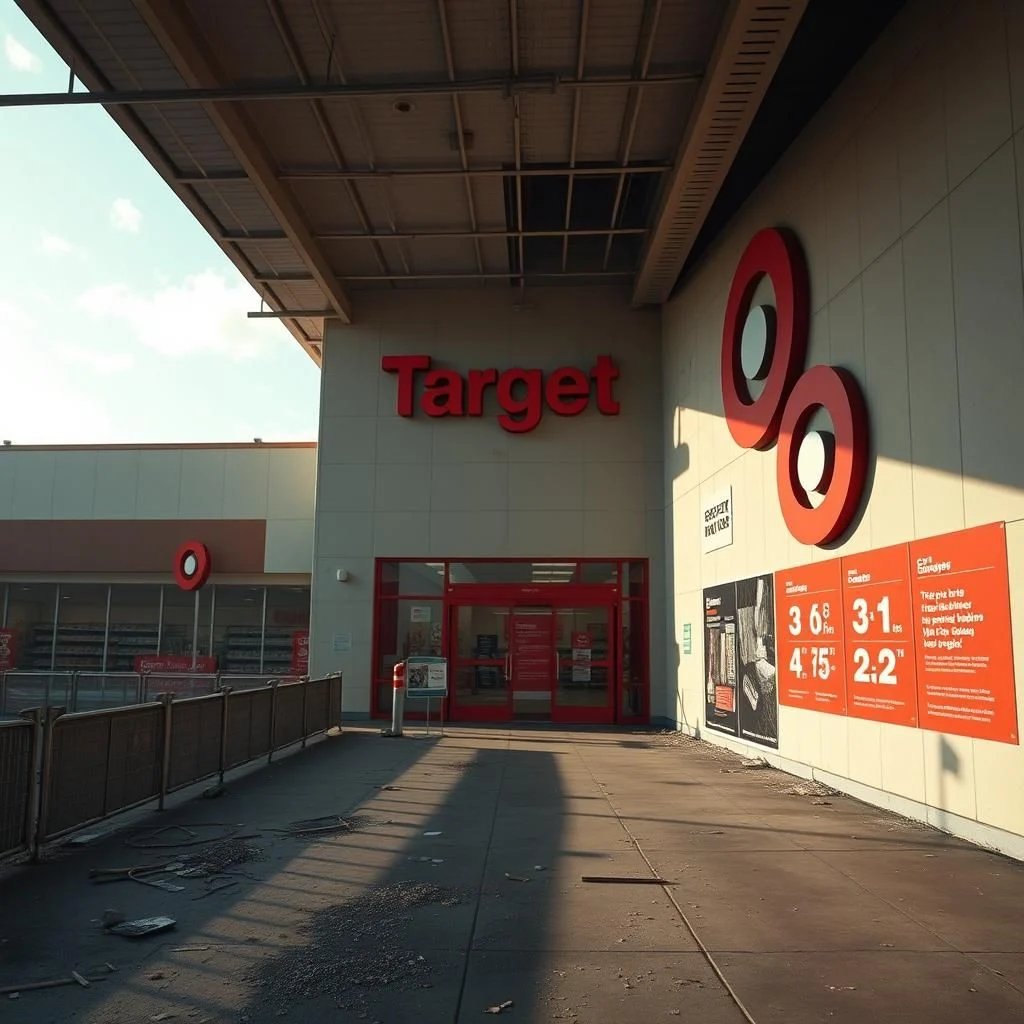 Logo Targetu na białej fasadzie sklepu z niebieskim niebem w tle.