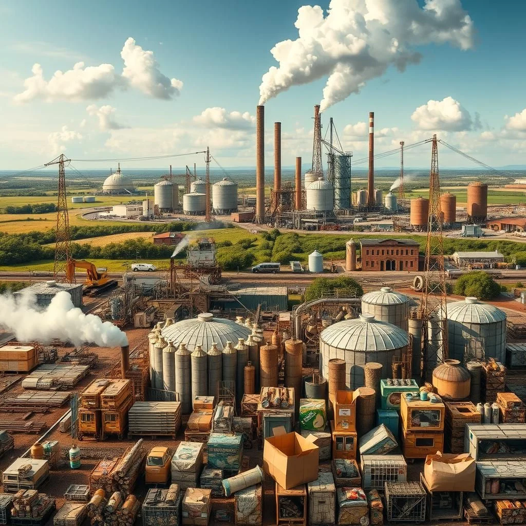 Krajina s velkou průmyslovou zónou s mnoha kouřícími komíny, silo, budovami, stavebními stroji a skladišti plnými krabic a kontejnerů.