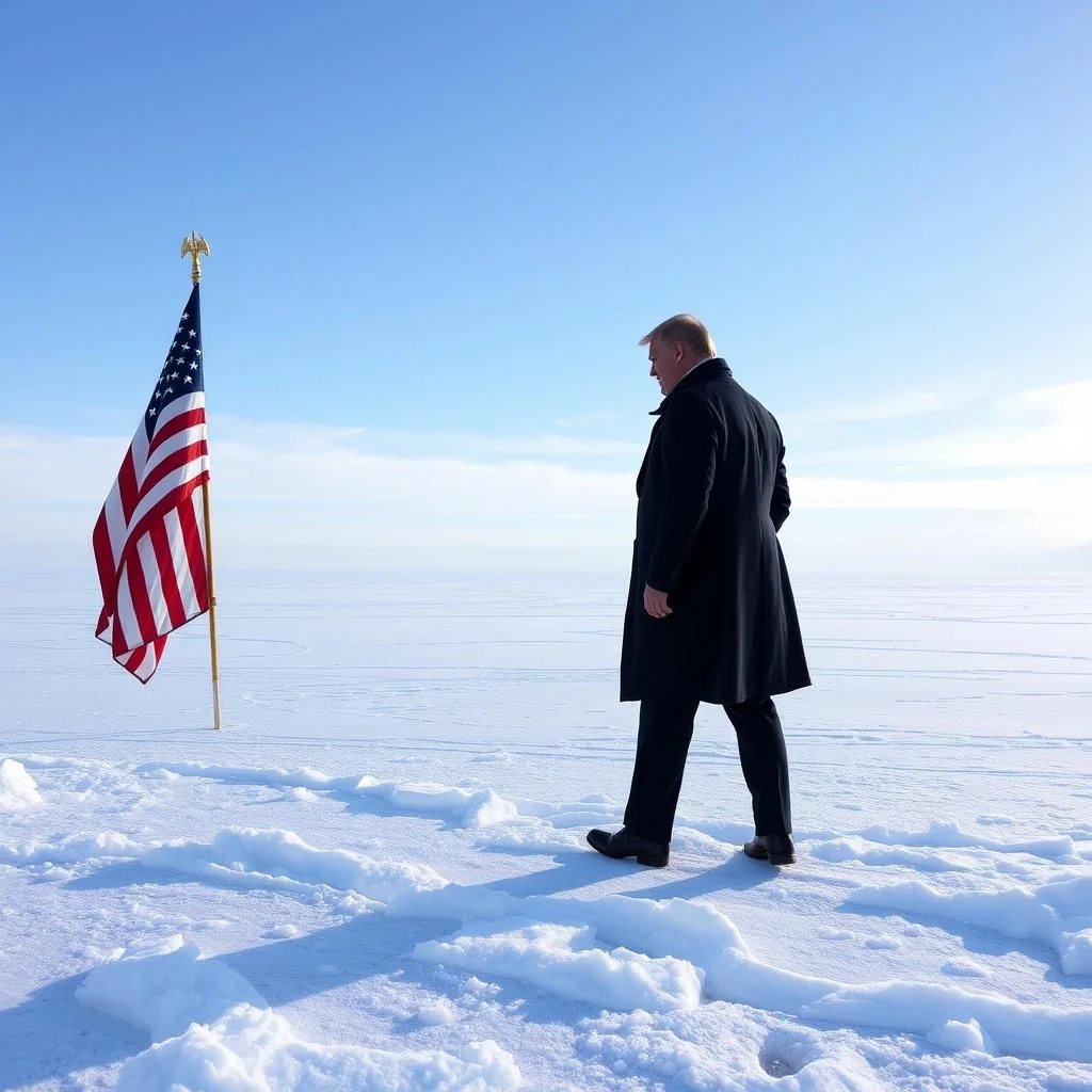 Donald Trump stojící na zasněženém pobřeží s americkou vlajkou na větrném dni