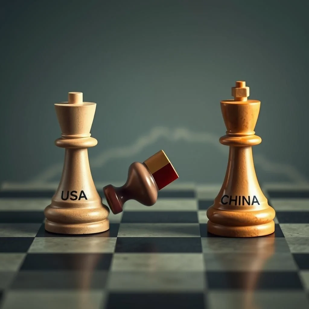 Šachová partie mezi USA a Čínou, kde figury představují královny s názvy zemí.