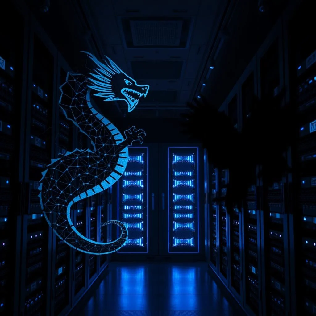 Digitální drak z modrých světelných linií stojí ve tmavé serverové místnosti s modrým osvětlením.