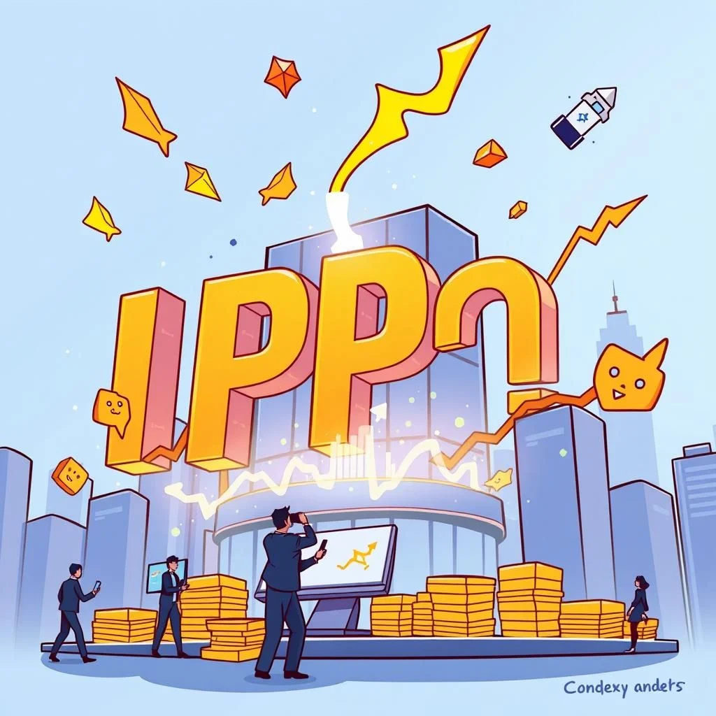 Ilustrace s nápisem IPP, obklopená stylizovanými budovami a kreslenými prvky, jako jsou blesky, raketa a tváře, s lidmi stojícími před monitorem zobrazujícím graf.