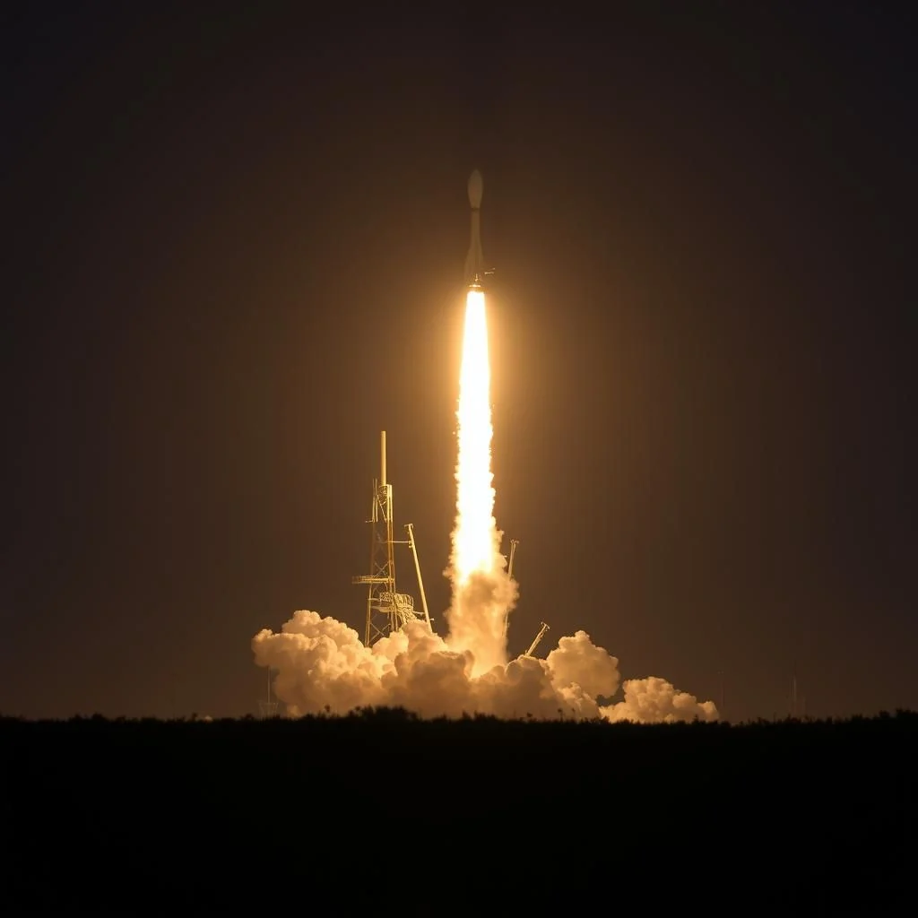Raketa Falcon Heavy startující v noci s jasným plamenem z motorů a oblaky kouře, se startovacím komplexem v pozadí.